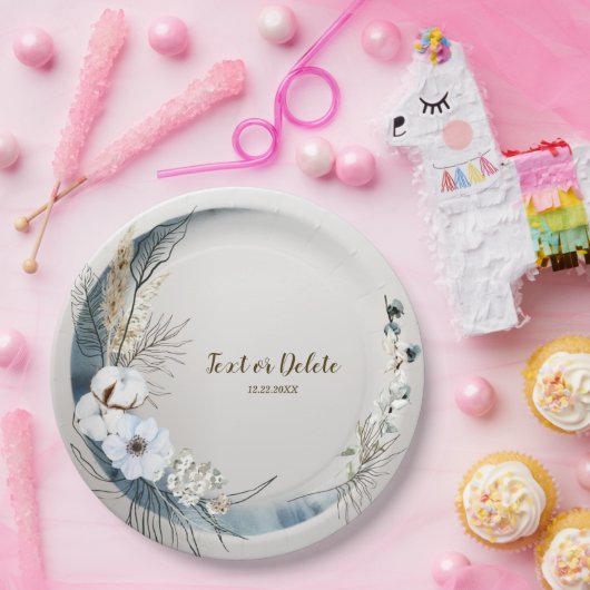 Boho Witte Orchidee Bloemen Blauwe Maan Elegant Pa Papieren Bordje (Feest)