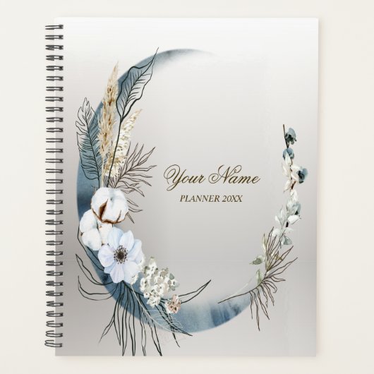 Boho Witte Orchidee Bloemen Blauwe Maan Elegant Pa Planner (Voorkant)
