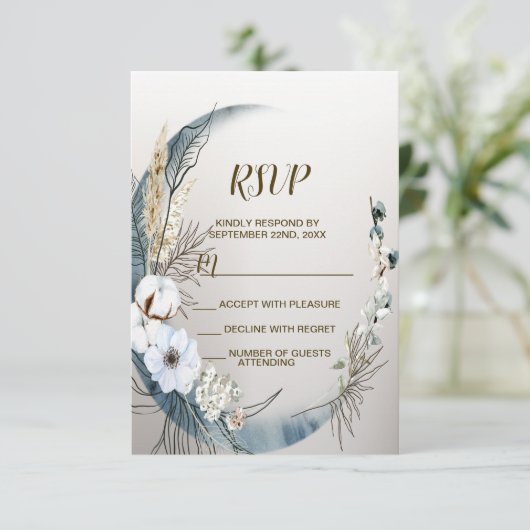 Boho Witte Orchidee Bloemen Blauwe Maan Elegant Pa RSVP Kaartje (Staand voorkant)