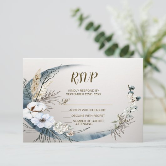 Boho Witte Orchidee Bloemen Blauwe Maan Elegant Pa RSVP Kaartje (Staand voorkant)