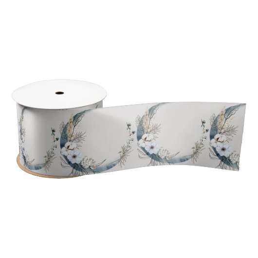 Boho Witte Orchidee Bloemen Blauwe Maan Elegant Pa Satijnen Lint (Spoel)