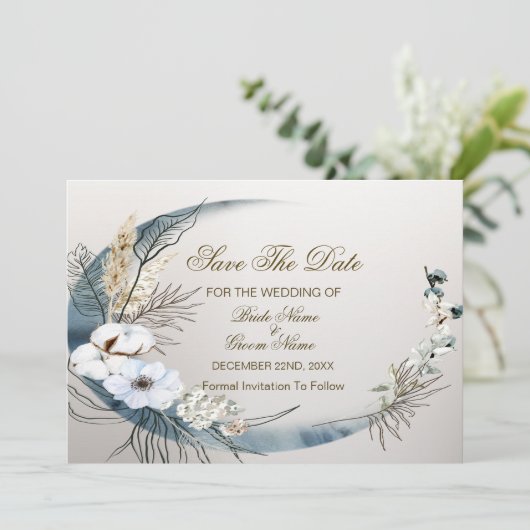 Boho Witte Orchidee Bloemen Blauwe Maan Elegant Pa Save The Date (Staand voorkant)