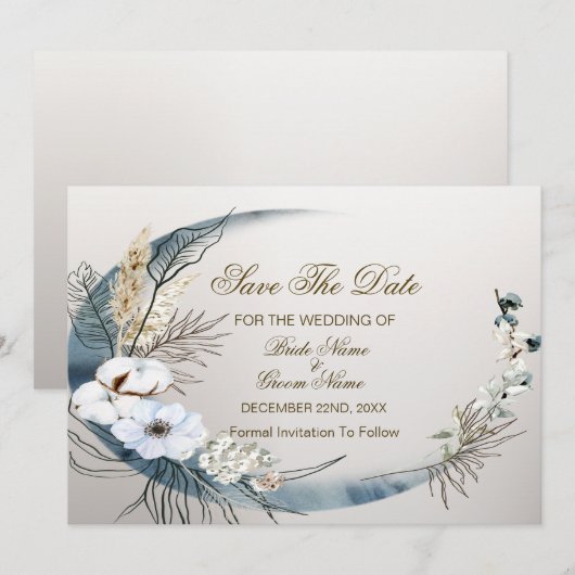 Boho Witte Orchidee Bloemen Blauwe Maan Elegant Pa Save The Date (Voorkant / Achterkant)