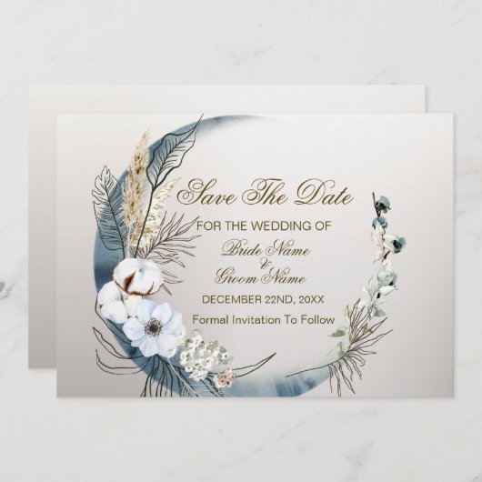 Boho Witte Orchidee Bloemen Blauwe Maan Elegant Pa Save The Date (Voorkant / Achterkant)