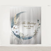 Boho Witte Orchidee Bloemen Blauwe Maan Elegant Pa Wandkleed (Voorkant)