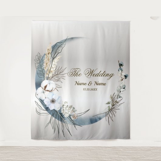 Boho Witte Orchidee Bloemen Blauwe Maan Elegant Pa Wandkleed (Voorkant)