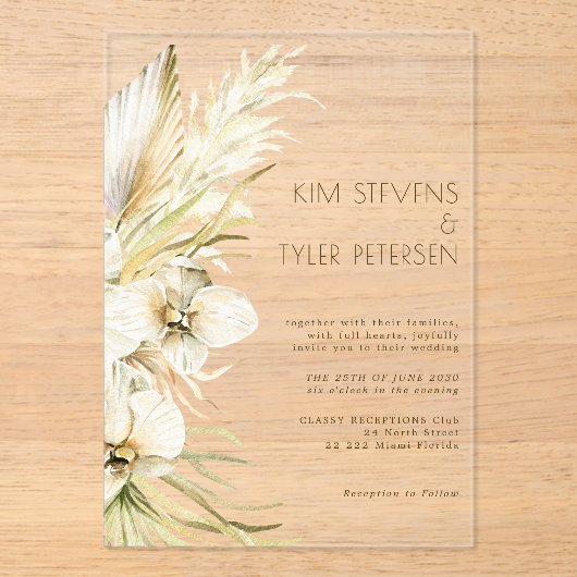 Boho witte orchidee bloemen botanische bruiloft acryl uitnodigingen (Voorkant)