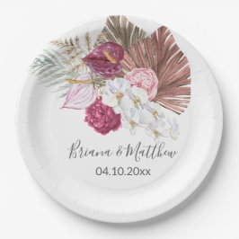 Boho Witte Orchideeën Burgundy Bloemige Bruiloft Papieren Bordje