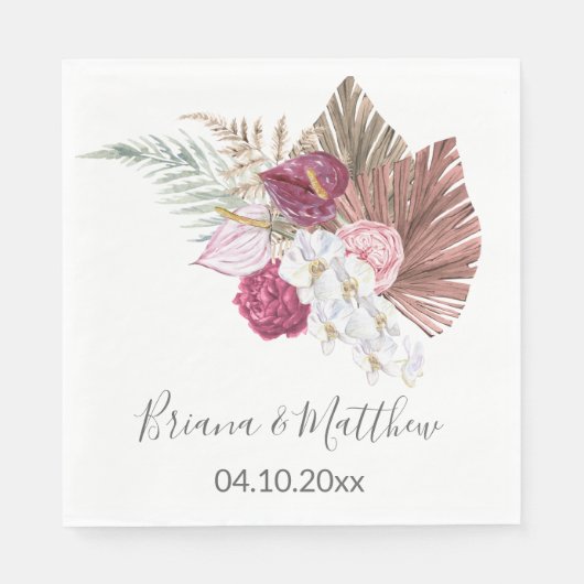 Boho Witte Orchideeën Burgundy Bloemige Bruiloft Servet (Voorkant)