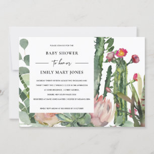 BOHO WITTE PINK FLORAL CACTUS FOLIAGE BABY SHOWER KAART