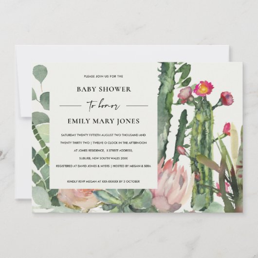 BOHO WITTE PINK FLORAL CACTUS FOLIAGE BABY SHOWER KAART (Voorkant)