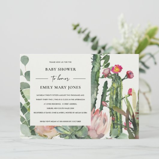 BOHO WITTE PINK FLORAL CACTUS FOLIAGE BABY SHOWER KAART (Staand voorkant)