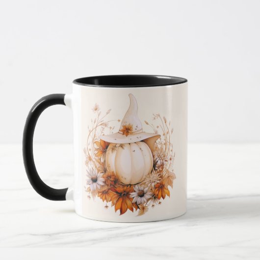 Boho Witte Pompoen en Bloemen Crème Halloween Mok (Links)