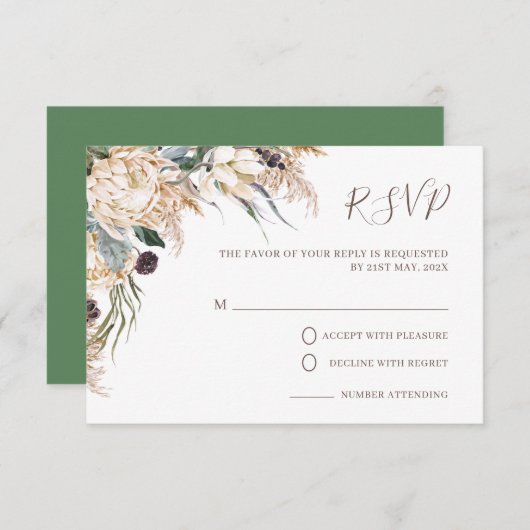 Boho Witte Protea Pampas Gras Trouw RSVP Kaart (Voorkant / Achterkant)