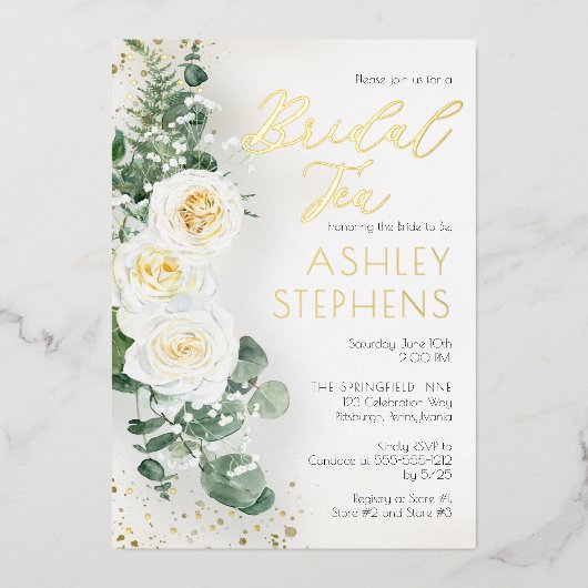 Boho Witte Roos Bloem | Eucalyptus Bruids-Thee Folie Uitnodiging (Voorkant)