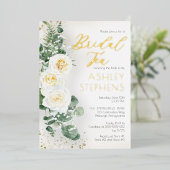 Boho Witte Roos Bloem | Eucalyptus Bruids-Thee Folie Uitnodiging (Staand Voorkant)