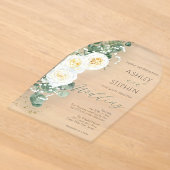 Boho Witte Roos Bloem | Eucalyptus Bruiloft Acryl Uitnodigingen (Laagn)