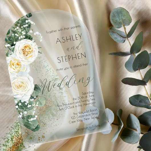 Boho Witte Roos Bloem | Eucalyptus Bruiloft Acryl Uitnodigingen