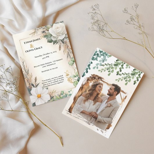 Boho witte roos Eucalyptus gouden uitnodiging