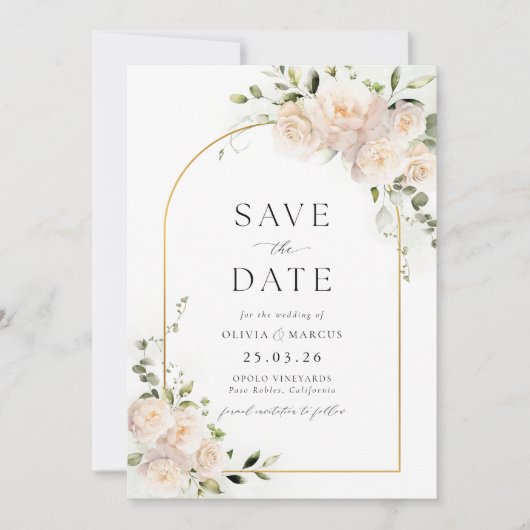 Boho Witte Rose Bloemen Salie Gouden Boog Bruiloft Save The Date (Voorkant)