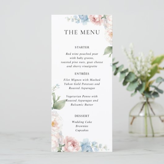 BOHO WITTE ROZEN BLOEMEN BRUILOFT DINER MENU (Staand voorkant)