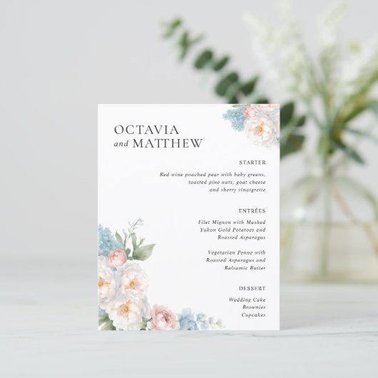 BOHO WITTE ROZEN BLOEMEN BRUILOFT DINER MENU (Staand voorkant)