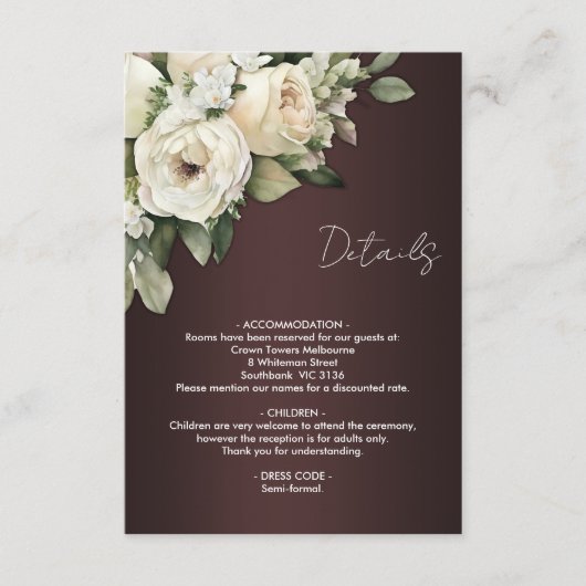 Boho witte rozen en donker bordeaux bruiloft detai informatiekaartje (Voorkant)
