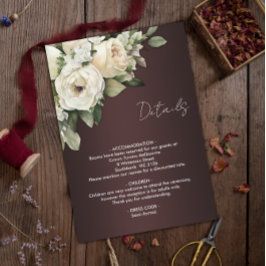 Boho witte rozen en donker bordeaux bruiloft detai informatiekaartje