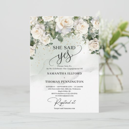 Boho witte rozen en groene eucalyptus zei ze ja kaart (Staand voorkant)