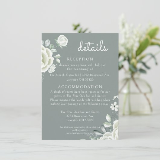 Boho Witte Rozen en Sage Groene Bruiloft Details Kaart (Staand voorkant)
