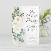 Boho Witte Rozen Eucalyptus 80ste Verjaardagsfeest Kaart (Staand voorkant)