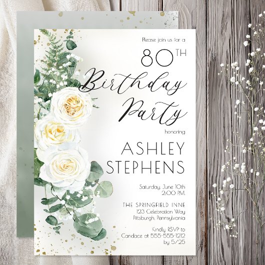 Boho Witte Rozen Eucalyptus 80ste Verjaardagsfeest Kaart