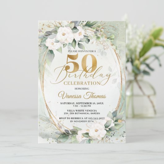 Boho Witte rozen eucalyptus goud ovaal 50th Kaart (Staand voorkant)