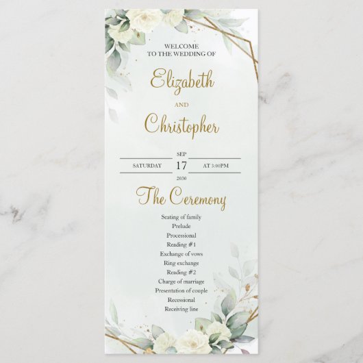 Boho Witte Rozen Eucalyptus Groenery Goud Programmakaart (Voorkant)