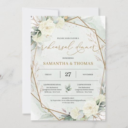 Boho witte rozen groen bladeren gouden repetitie kaart (Voorkant)