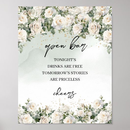Boho Witte Rozen Groen en Goud Open bar teken Poster (Voorkant)