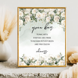 Boho Witte Rozen Groen en Goud Open bar teken Poster