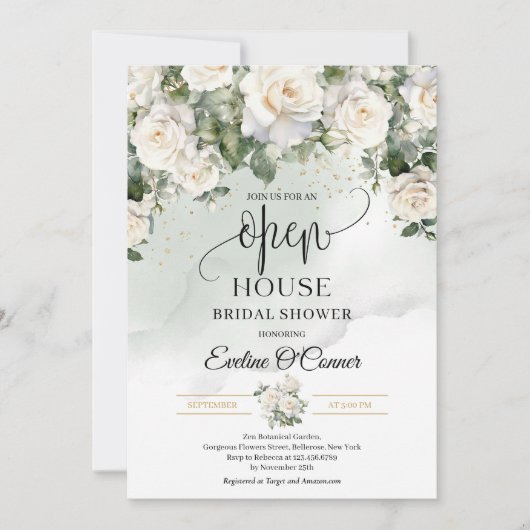 Boho Witte Rozen Groen en Goud Open Huis Kaart (Voorkant)