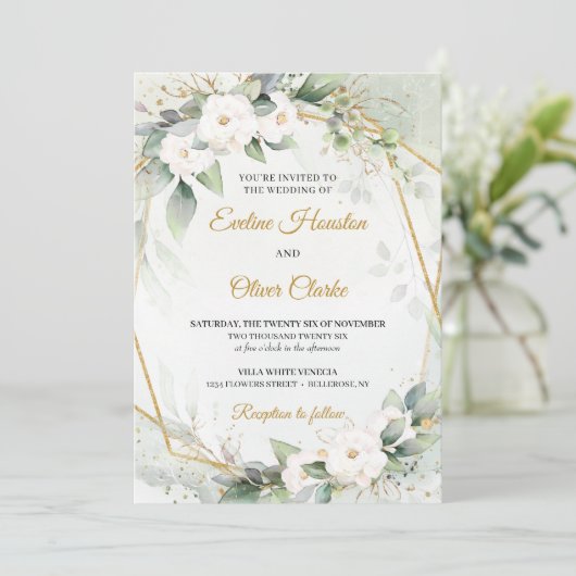 Boho Witte rozen groen eucalyptus faux gouden lijs Kaart (Staand voorkant)