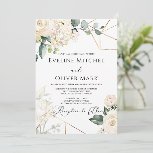 Boho witte rozen groen eucalyptus gouden bruiloft kaart (Staand voorkant)