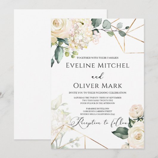 Boho witte rozen groen eucalyptus gouden bruiloft kaart (Voorkant / Achterkant)