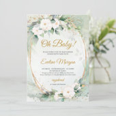 Boho witte rozen groen gebladerte goud ovaal Baby Kaart (Staand voorkant)