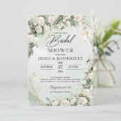 Boho Witte Rozen Groene Bruiloftsdouche Uitnodigin Kaart (Staand voorkant)