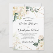 Boho witte rozen hortensia's gouden lijst bruiloft kaart (Voorkant)