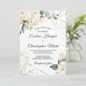 Boho witte rozen hortensia's gouden lijst bruiloft kaart (Staand voorkant)