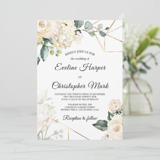 Boho witte rozen hortensia's gouden lijst bruiloft kaart (Staand voorkant)