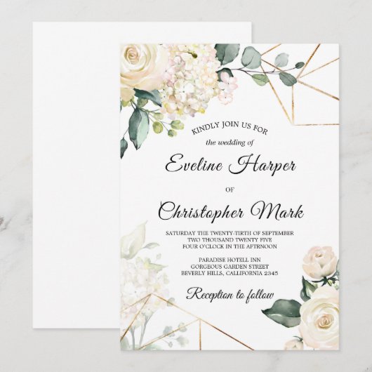 Boho witte rozen hortensia's gouden lijst bruiloft kaart (Voorkant / Achterkant)