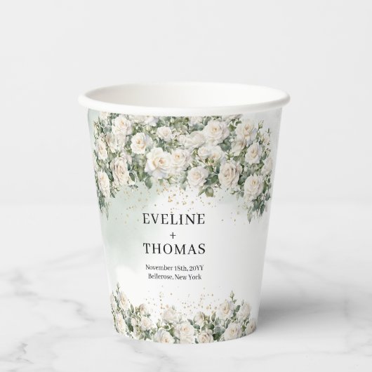 Boho Witte Rozen salie Groen en Gouden bruiloft Papieren Bekers (Voorkant)