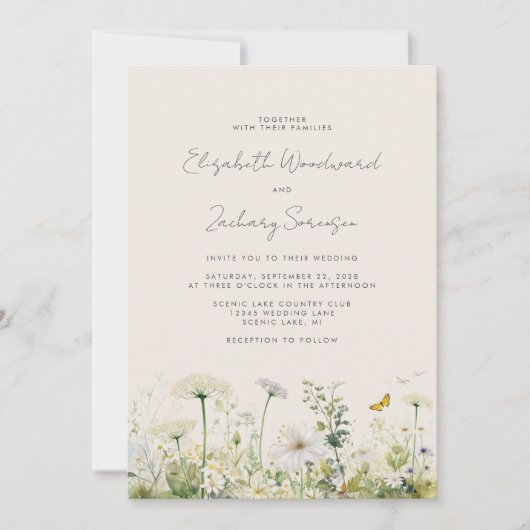 Boho Witte Wildbloemen Waterverf Bloemen Bruiloft Kaart (Voorkant)