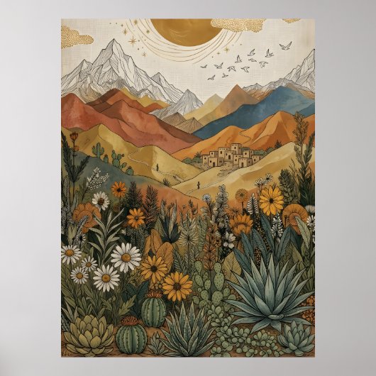 Boho Woestijn Berg Cactus Pueblo Zon Poster (Voorkant)